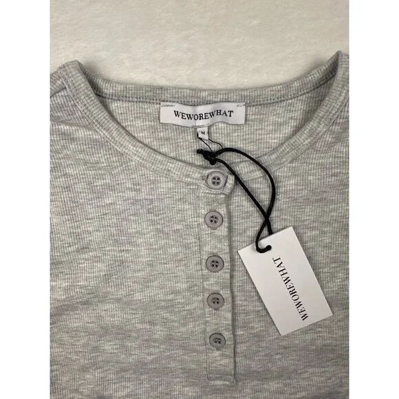 WeWoreWhat Womens Henley Bodysuit Gray Sz M Ribbed Long-Sleeve Comfy Stretch NWT - Picture 3 of 11